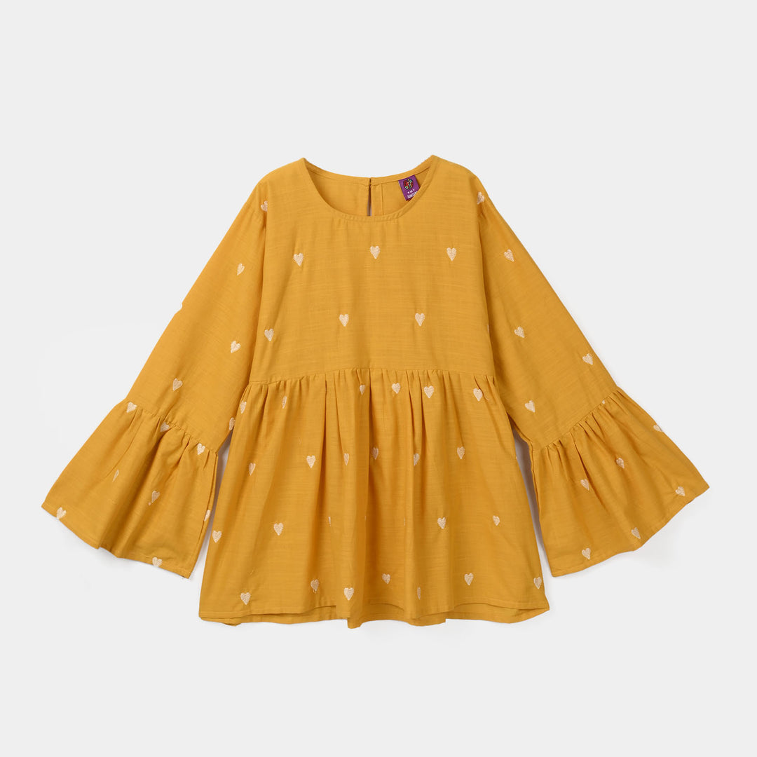 Teens Girls Cotton Slub Embroidered Co-Ord Set - Mustard