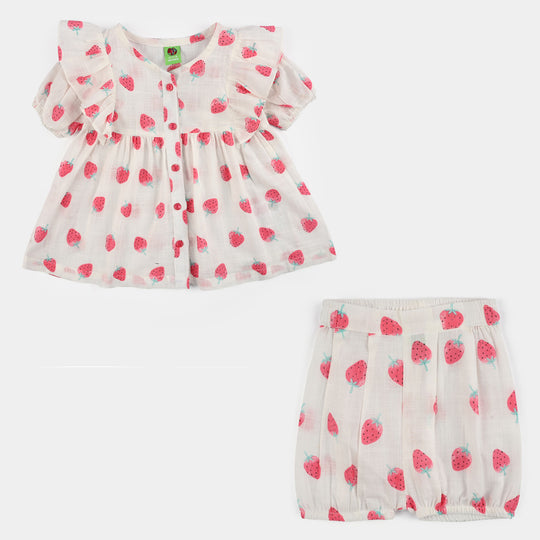 Infant Girls Cotton Slub 2Pc Suit (Strawberry) - White