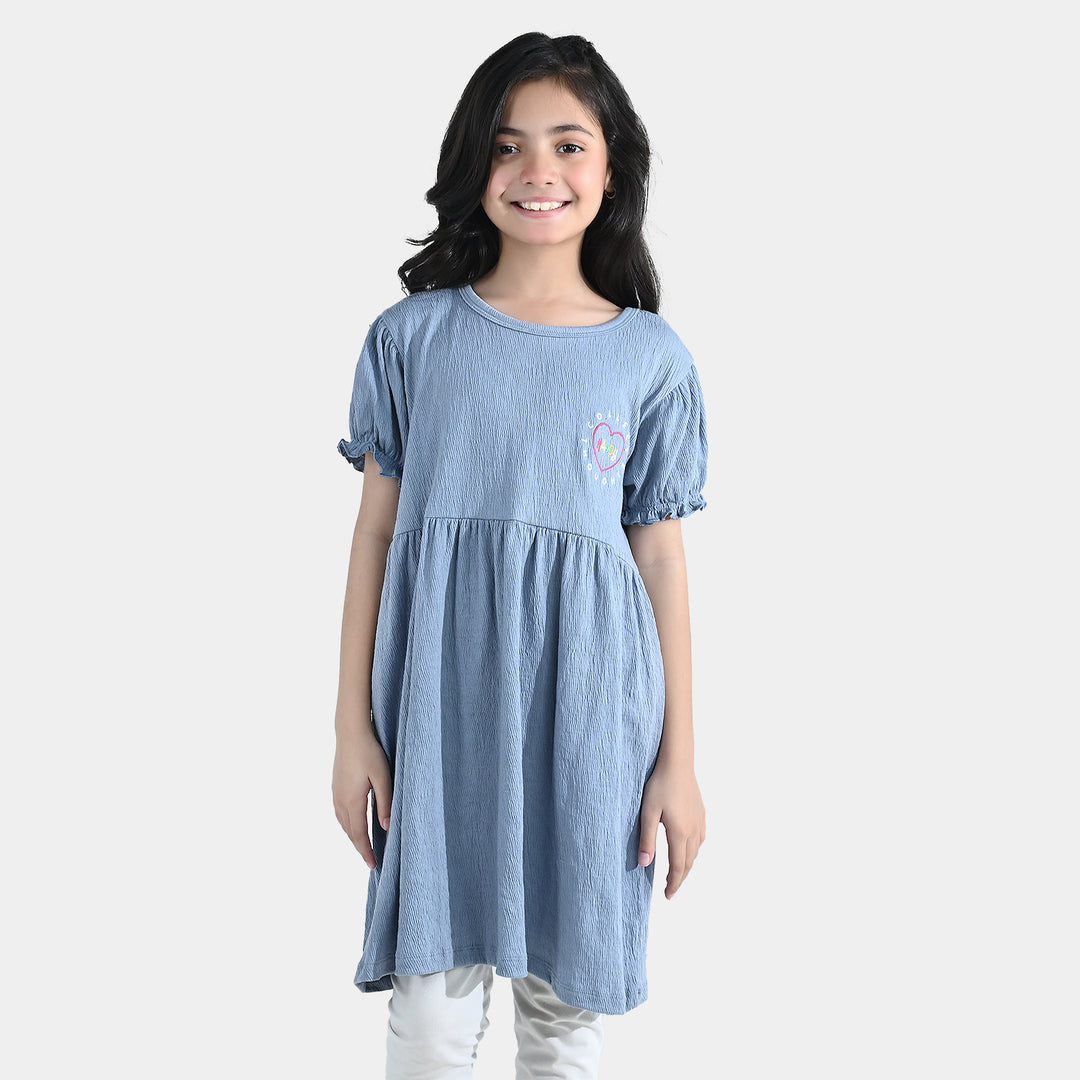 Girls Poly Crinkle Knitted Frock – Blue