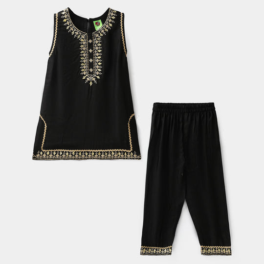 Infant Girls Raw Silk 2Pcs Gota Phool - Black