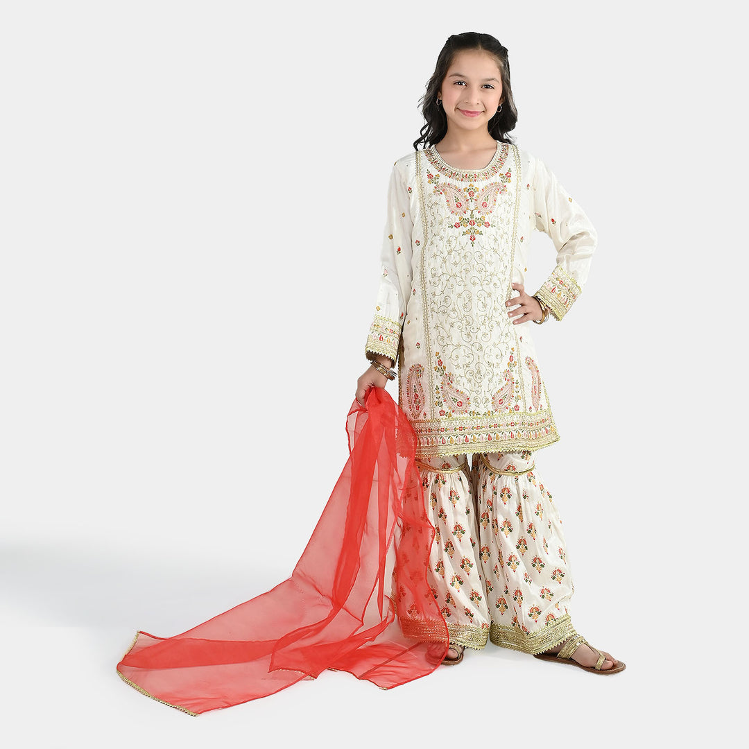Teens Girls Raw Silk 3-Pc Set (Mah Noor) - Off White