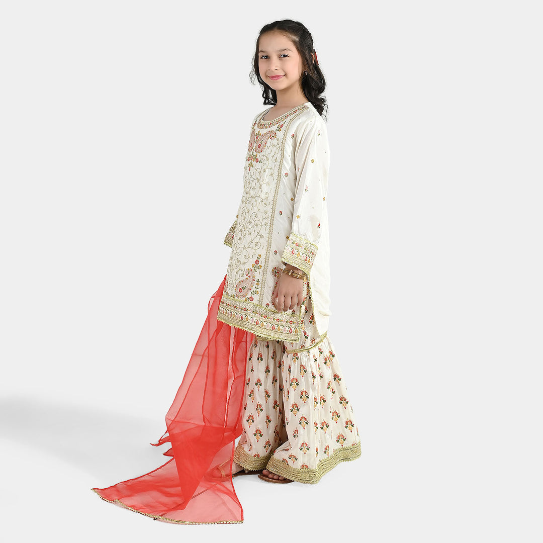 Teens Girls Raw Silk 3-Pc Set (Mah Noor) - Off White