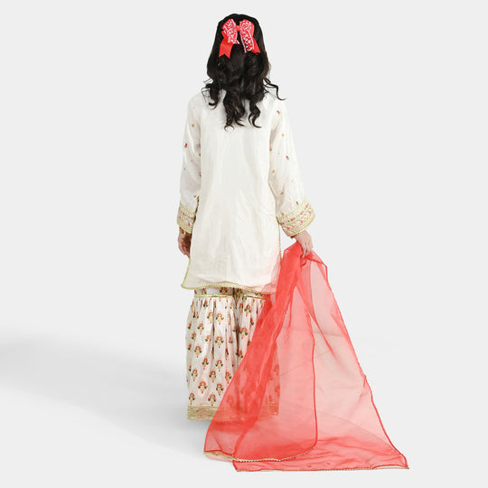 Teens Girls Raw Silk 3-Pc Set (Mah Noor) - Off White
