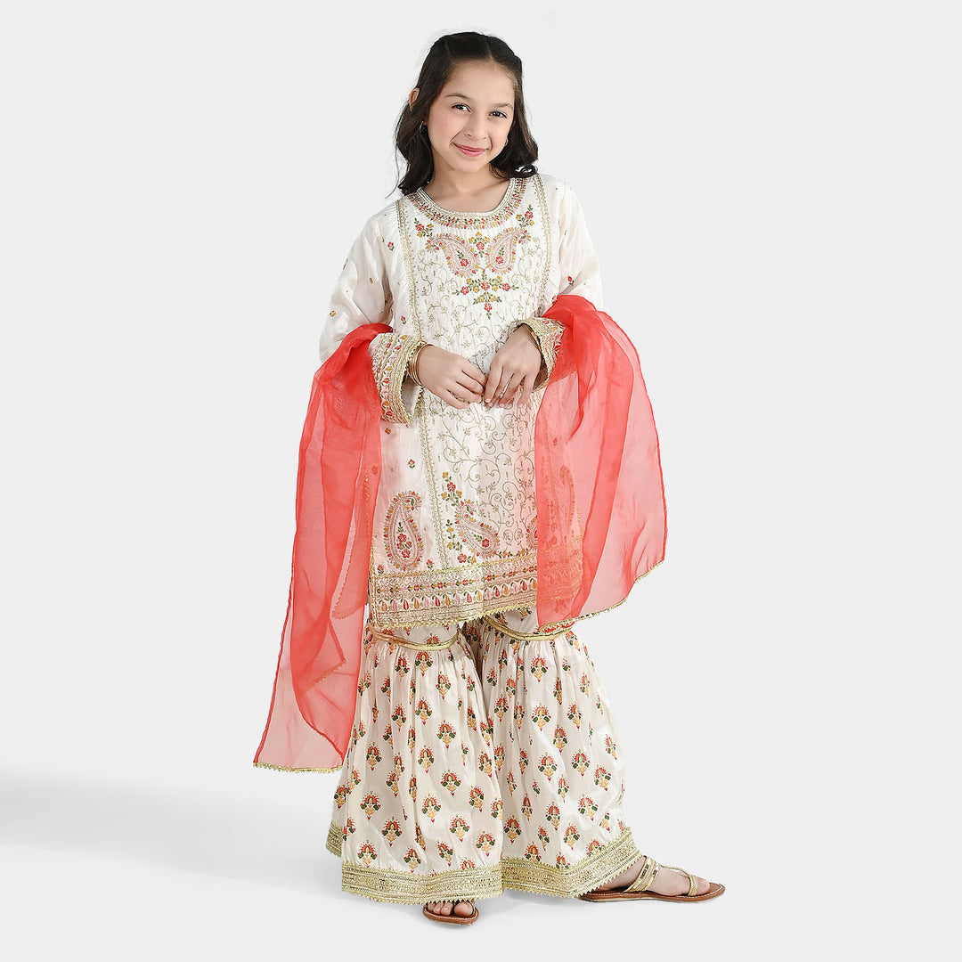 Teens Girls Raw Silk 3-Pc Set (Mah Noor) - Off White