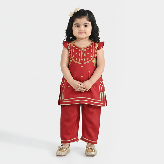 Infant Girls Raw Silk 2-Piece Zara Set - Red