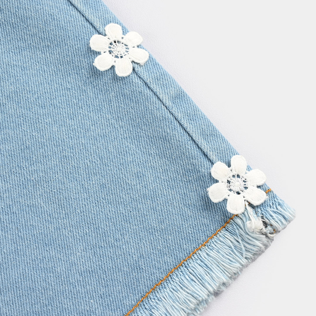 Girls Denim Stretch Shorts (Flower) - Light Blue