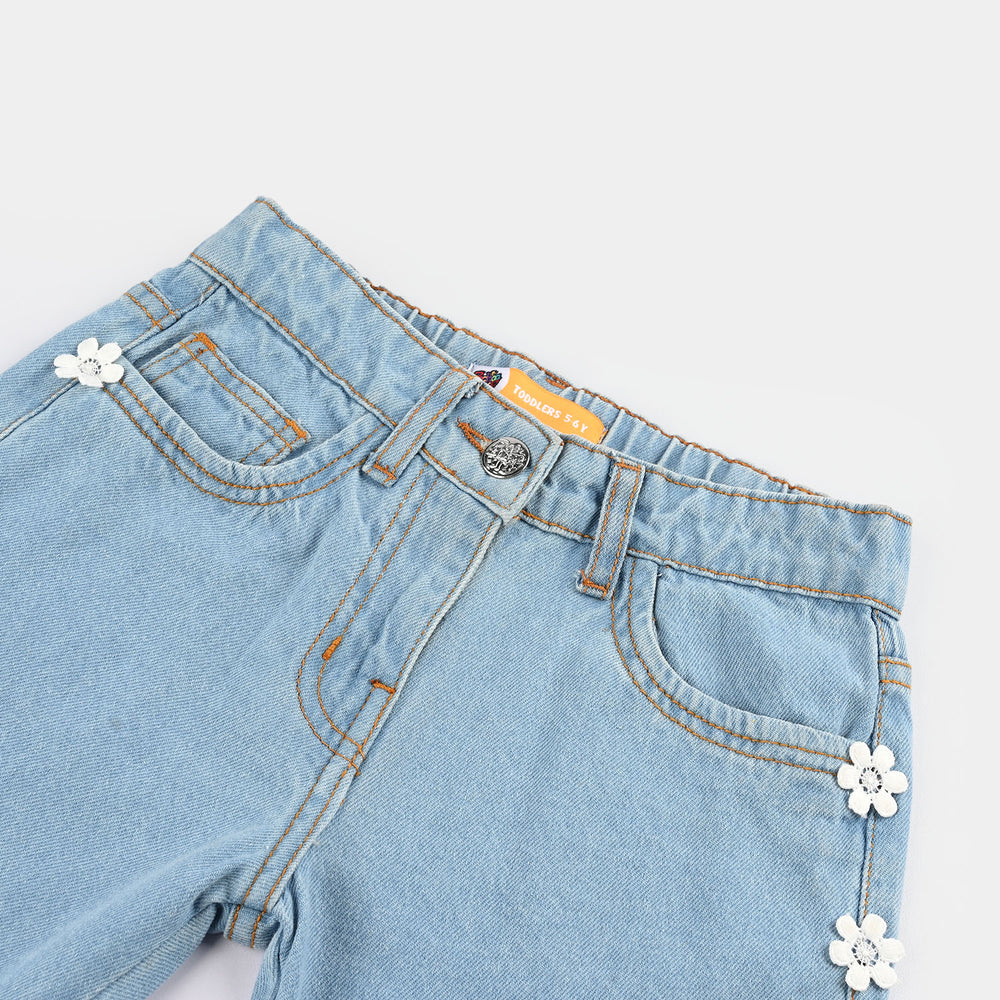 Girls Denim Stretch Shorts (Flower) - Light Blue