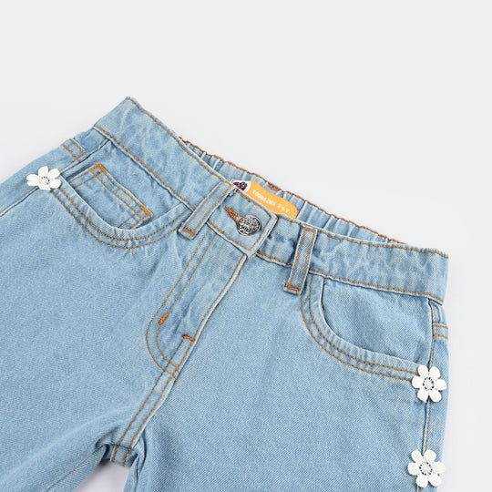 Girls Denim Stretch Shorts (Flower) - Light Blue