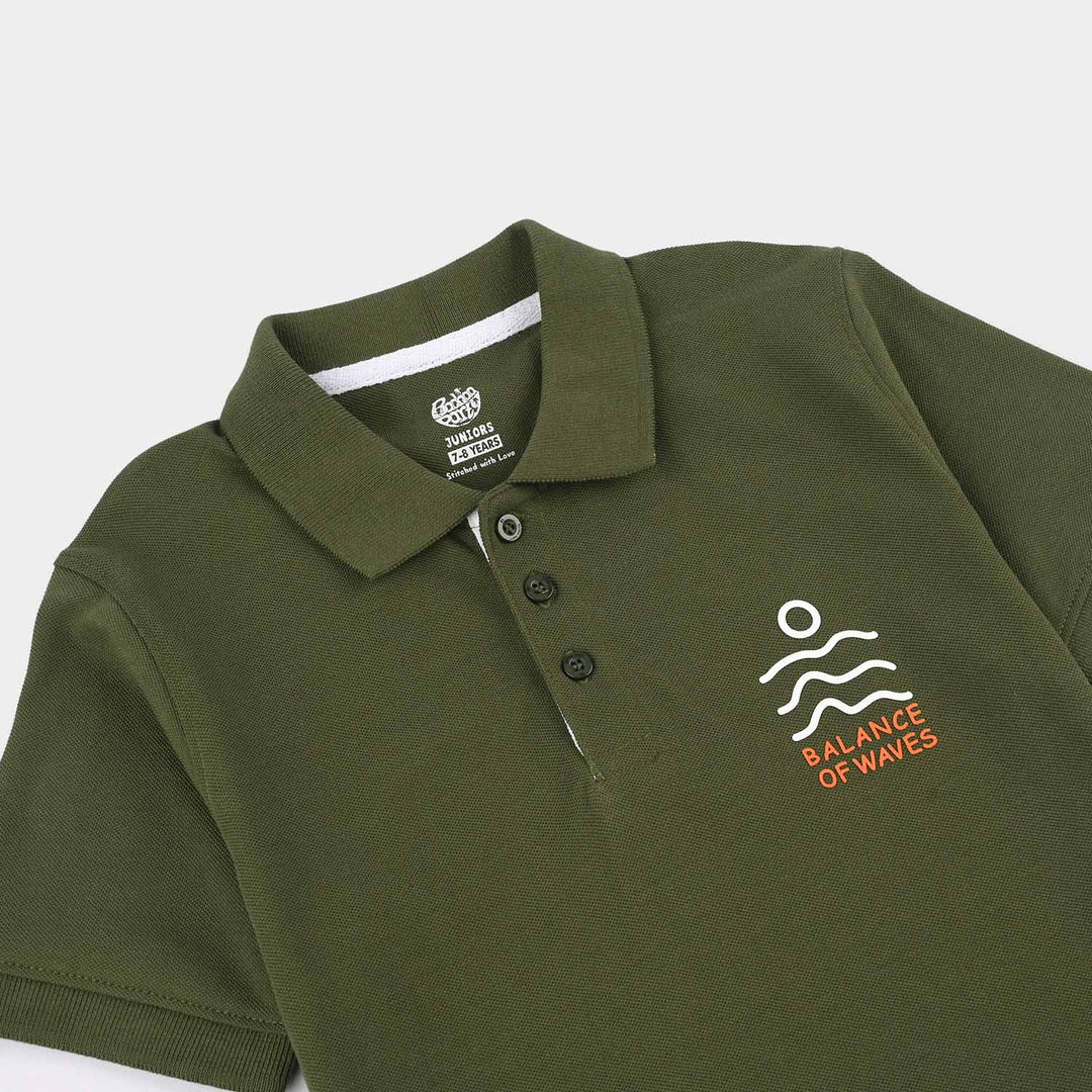 Boys Cotton PK Polo (Waves) - Olive Green
