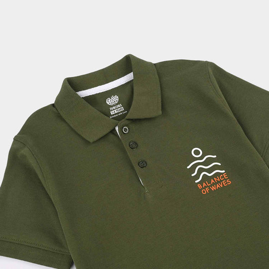 Boys Cotton PK Polo (Waves) - Olive Green