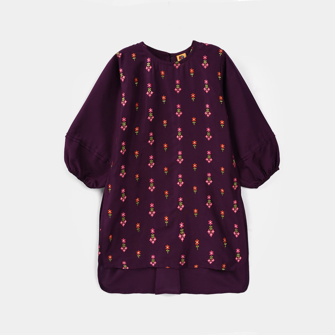 Girls Poly Cambric Embroidered Kurti – Purple