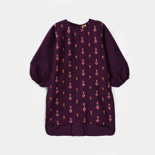 Girls Poly Cambric Embroidered Kurti – Purple