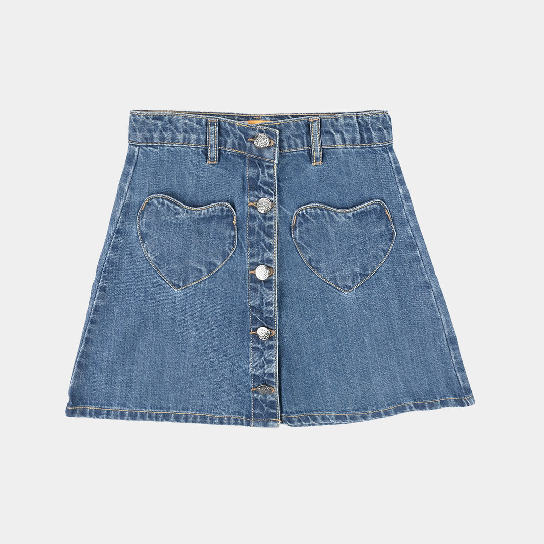 Girls Denim rigid Skirt Heart Patch-M.Blue
