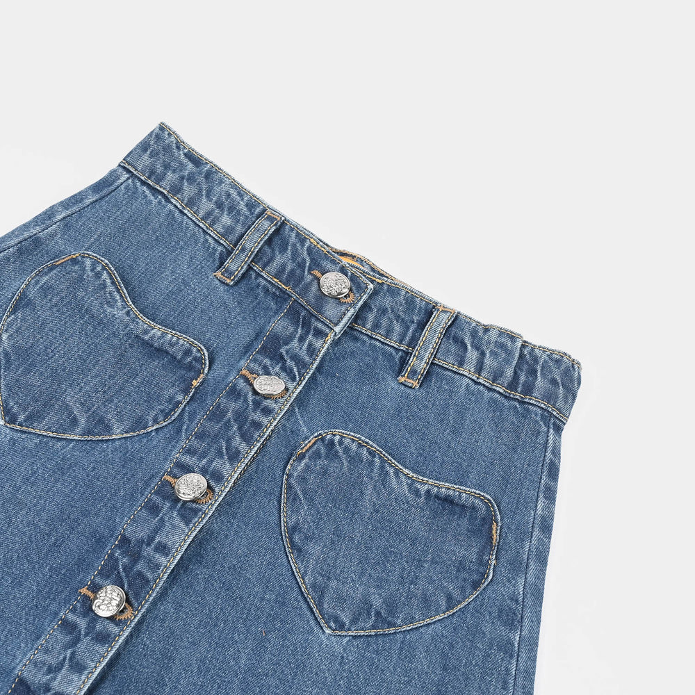 Girls Denim rigid Skirt Heart Patch-M.Blue
