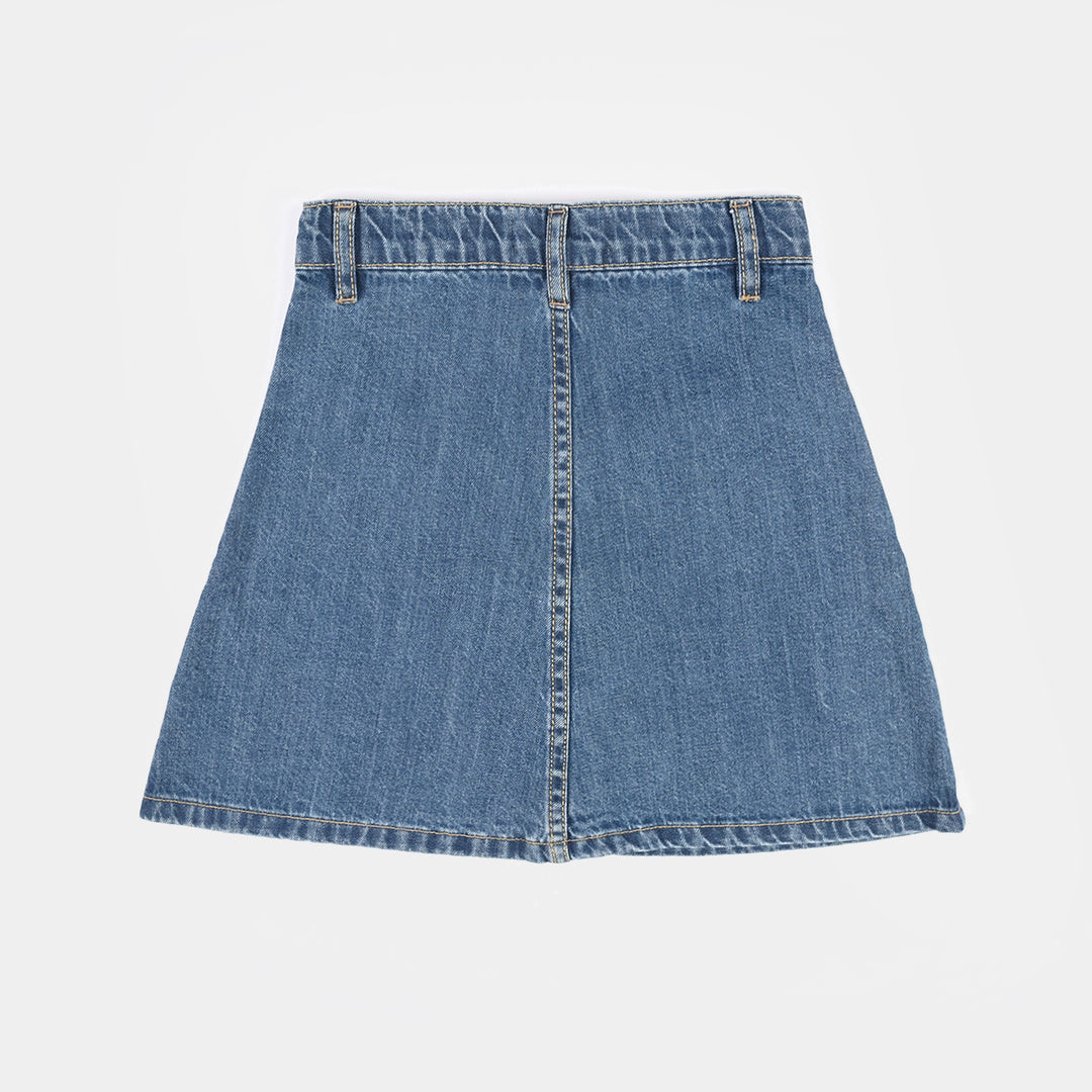 Girls Denim rigid Skirt Heart Patch-M.Blue