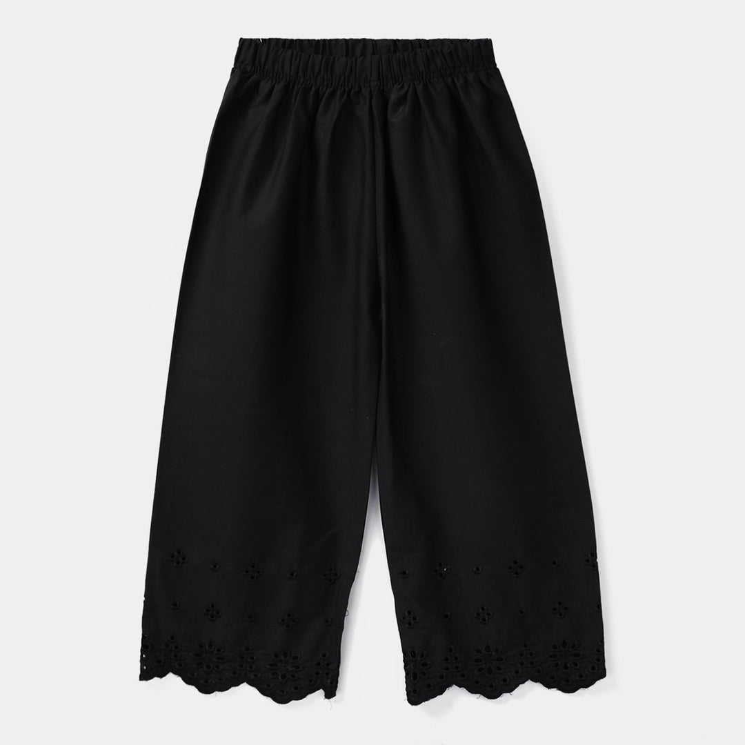 Girls Cotton Embroidered Pants Floral - Black