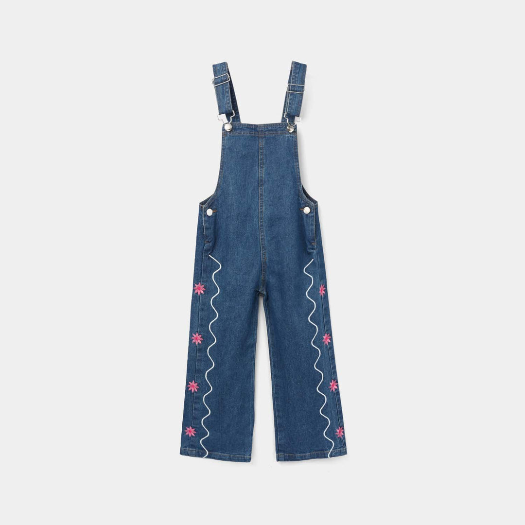 Girls Denim Rigid Dangri Flowers - Mid Blue