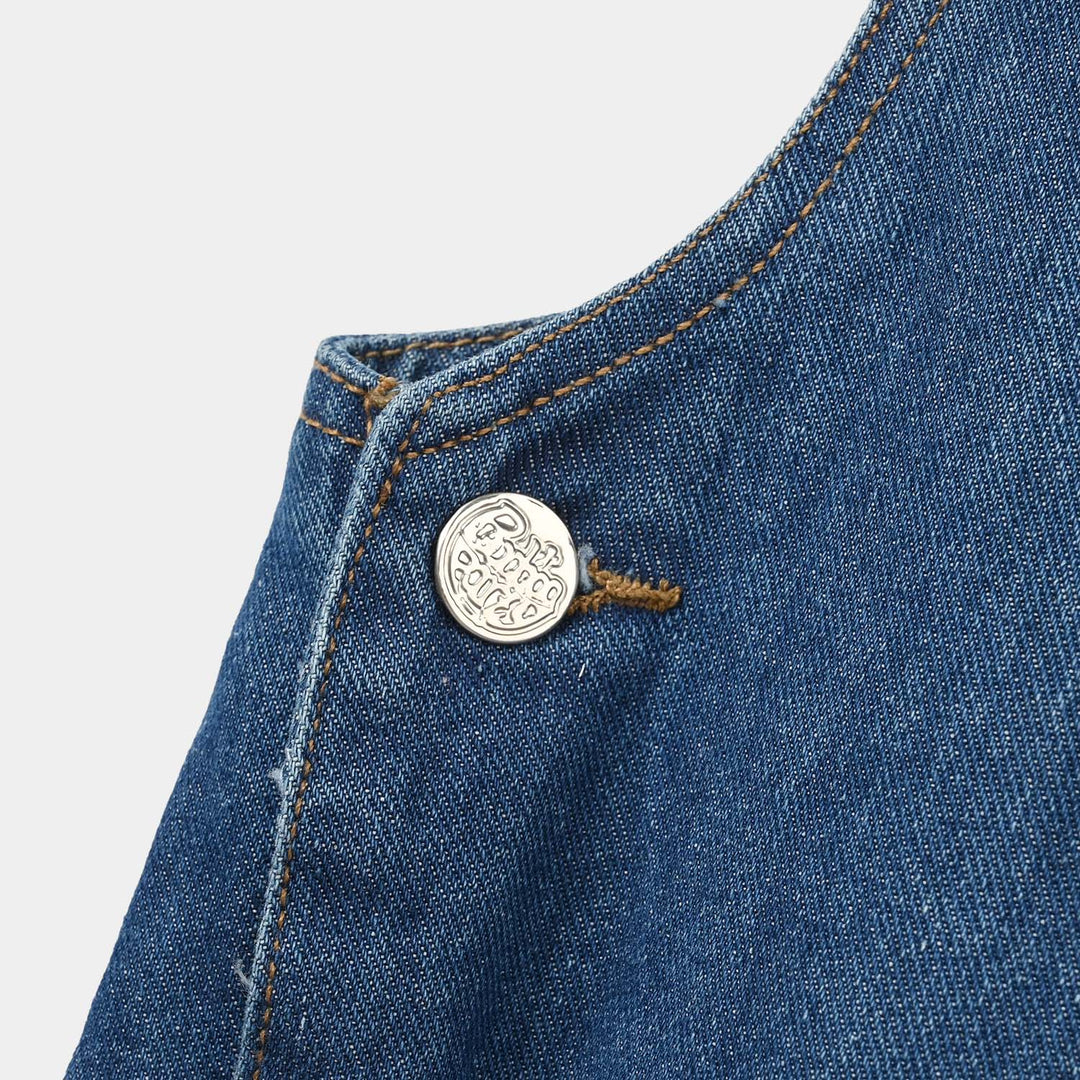 Girls Denim Rigid Dangri Flowers - Mid Blue