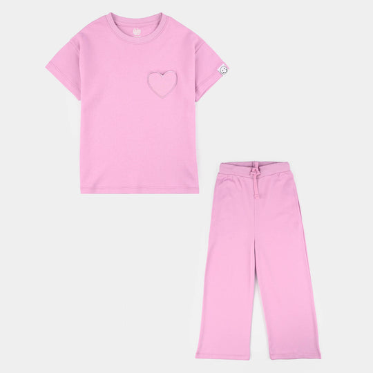Girls Cotton Interlock 2-Piece Suit (Smiley Face) - Pink