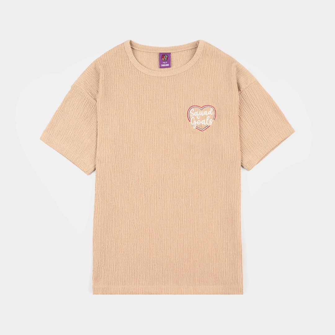 Teens Girls Poly Crinkle T-Shirt (Squad Goals) - Brown