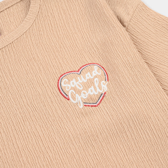 Teens Girls Poly Crinkle T-Shirt (Squad Goals) - Brown