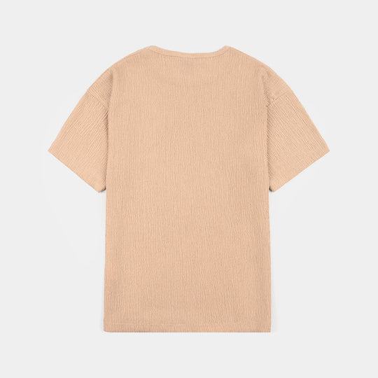 Teens Girls Poly Crinkle T-Shirt (Squad Goals) - Brown