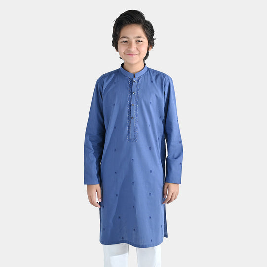 Boys Cotton Slub Printed Kurta (Metallic) - Blue