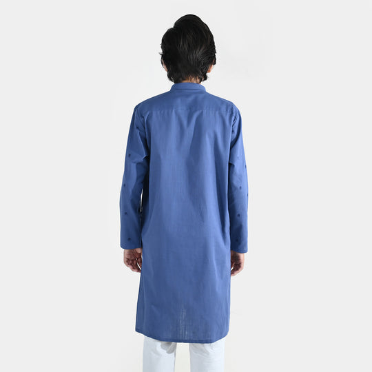 Boys Cotton Slub Printed Kurta (Metallic) - Blue