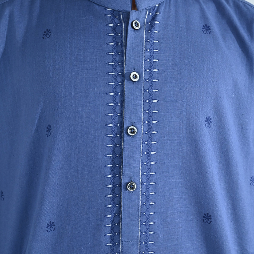 Boys Cotton Slub Printed Kurta (Metallic) - Blue