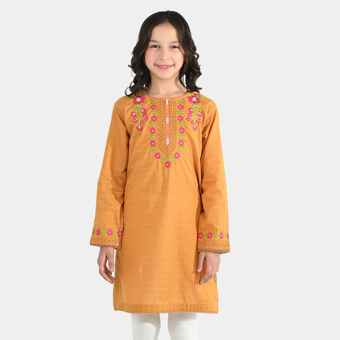 Girls Dobby Embroidered Kurti (Rabab) - Mustard