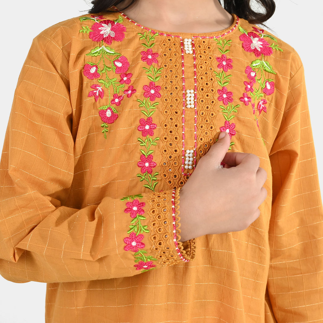 Girls Dobby Embroidered Kurti (Rabab) - Mustard