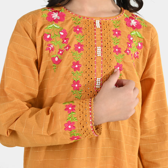 Girls Dobby Embroidered Kurti (Rabab) - Mustard