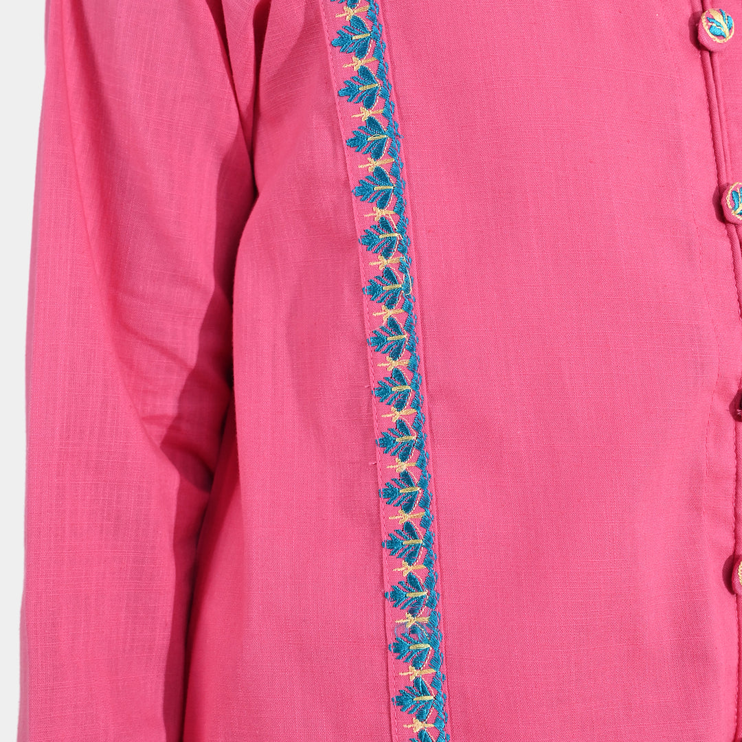 Girls Cotton Slub Embroidered Kurti Sapno ki Rani - Rose Pink