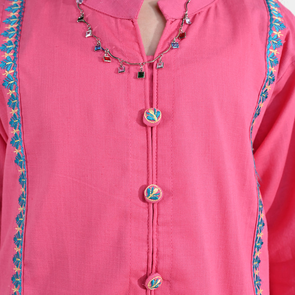 Girls Cotton Slub Embroidered Kurti Sapno ki Rani - Rose Pink