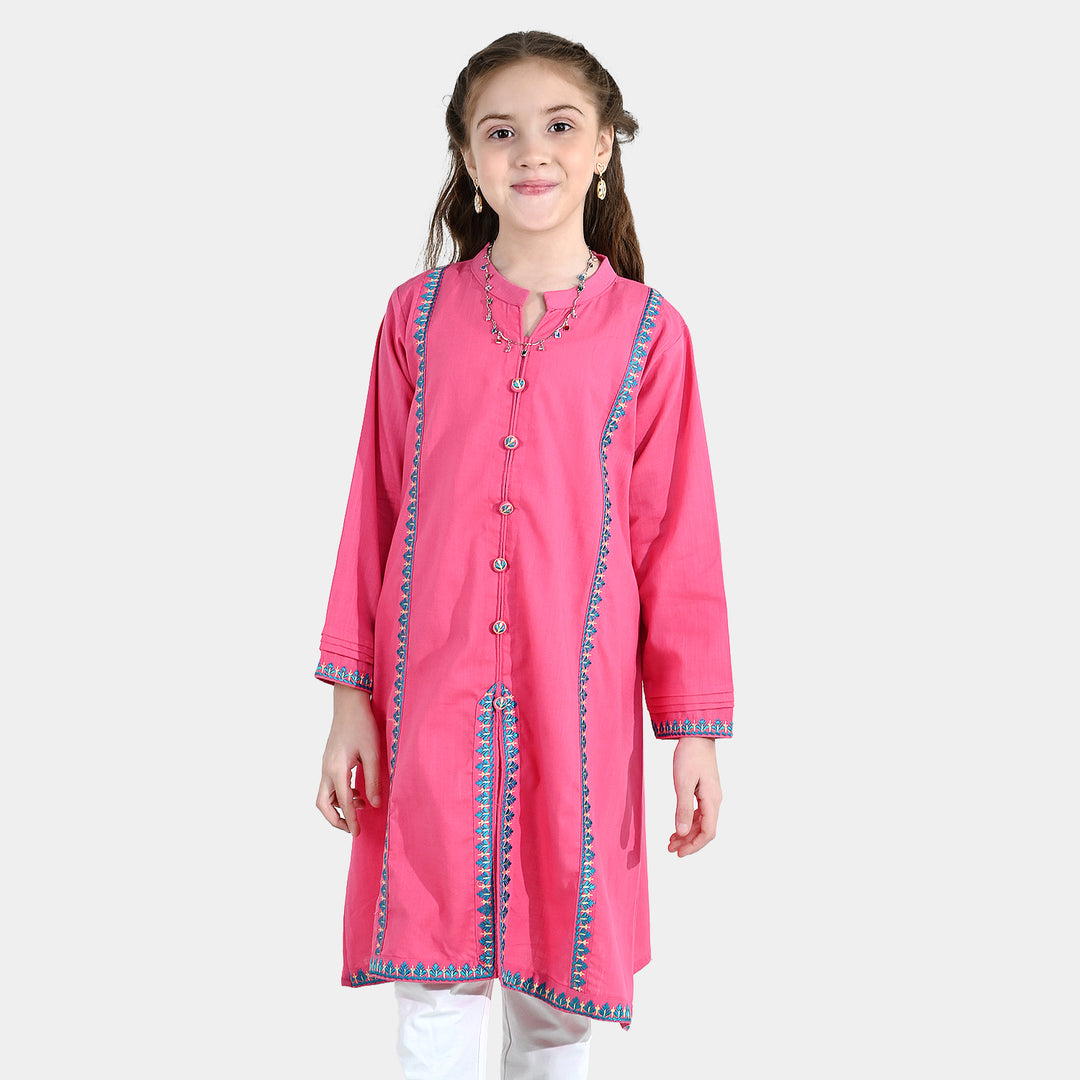 Girls Cotton Slub Embroidered Kurti Sapno ki Rani - Rose Pink