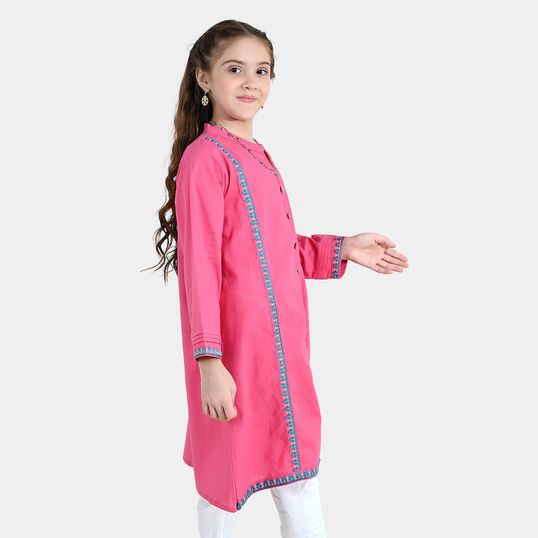 Girls Cotton Slub Embroidered Kurti Sapno ki Rani - Rose Pink