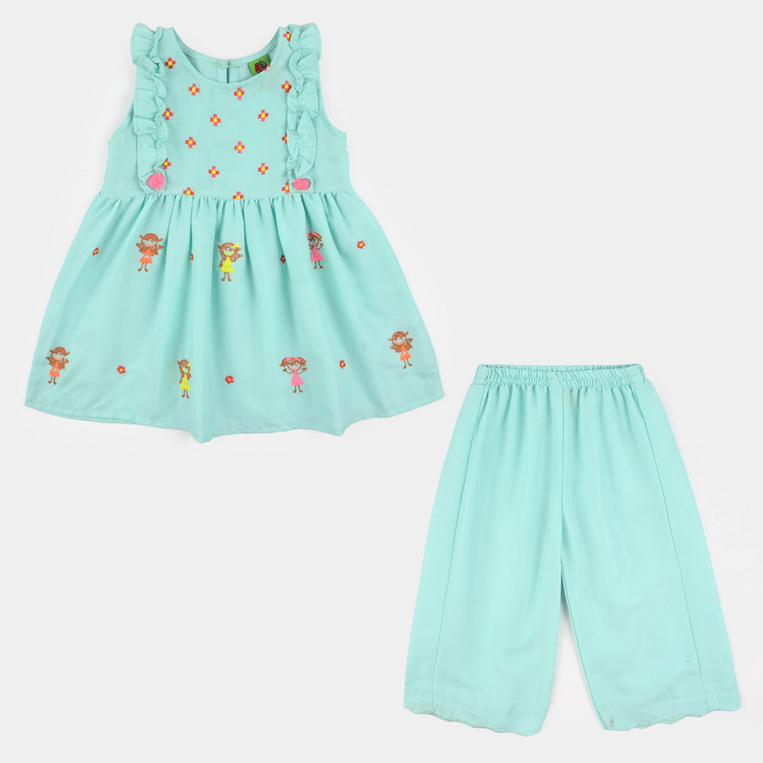 Infant Girls Poly Cambric Embroidered 2Pcs Suit (Pappu Doll) - Mint Green