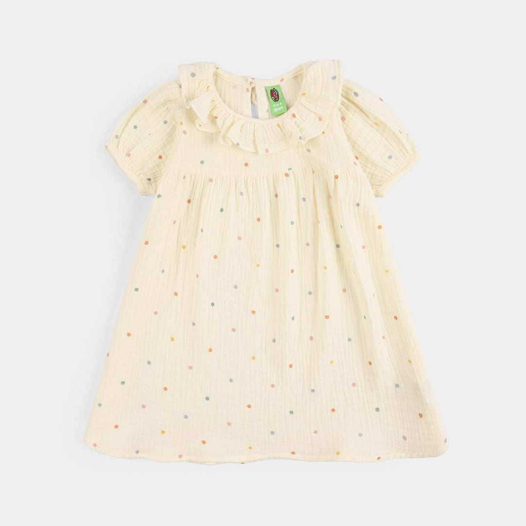 Infant Girls Cotton Casual Frock (Multi Dots) - Off-White