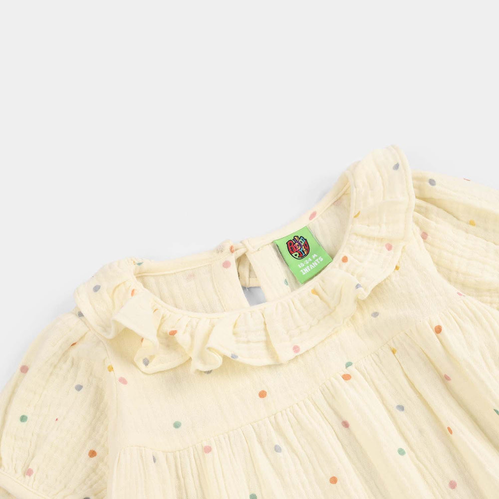 Infant Girls Cotton Casual Frock (Multi Dots) - Off-White