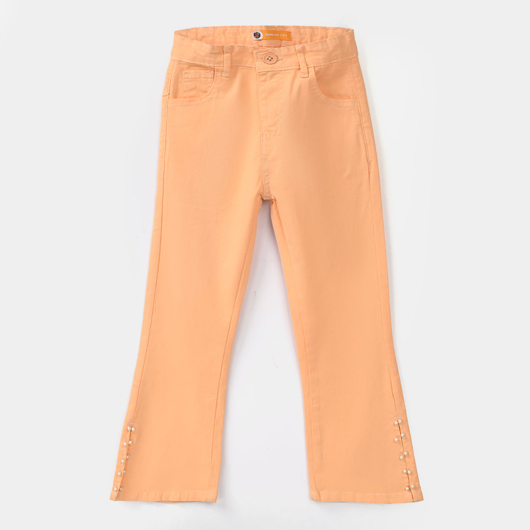 Girls Cotton Twill Pants (Flower In Line) – Peach