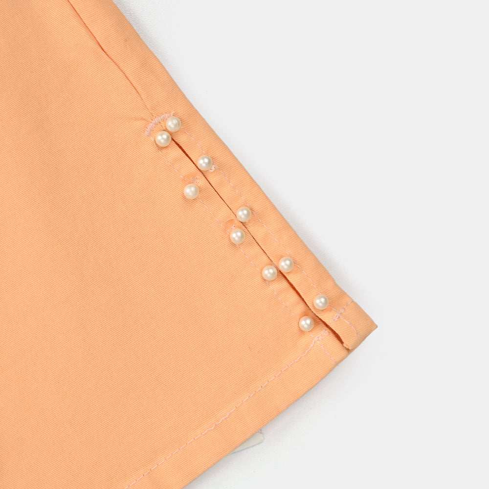 Girls Cotton Twill Pants (Flower In Line) – Peach