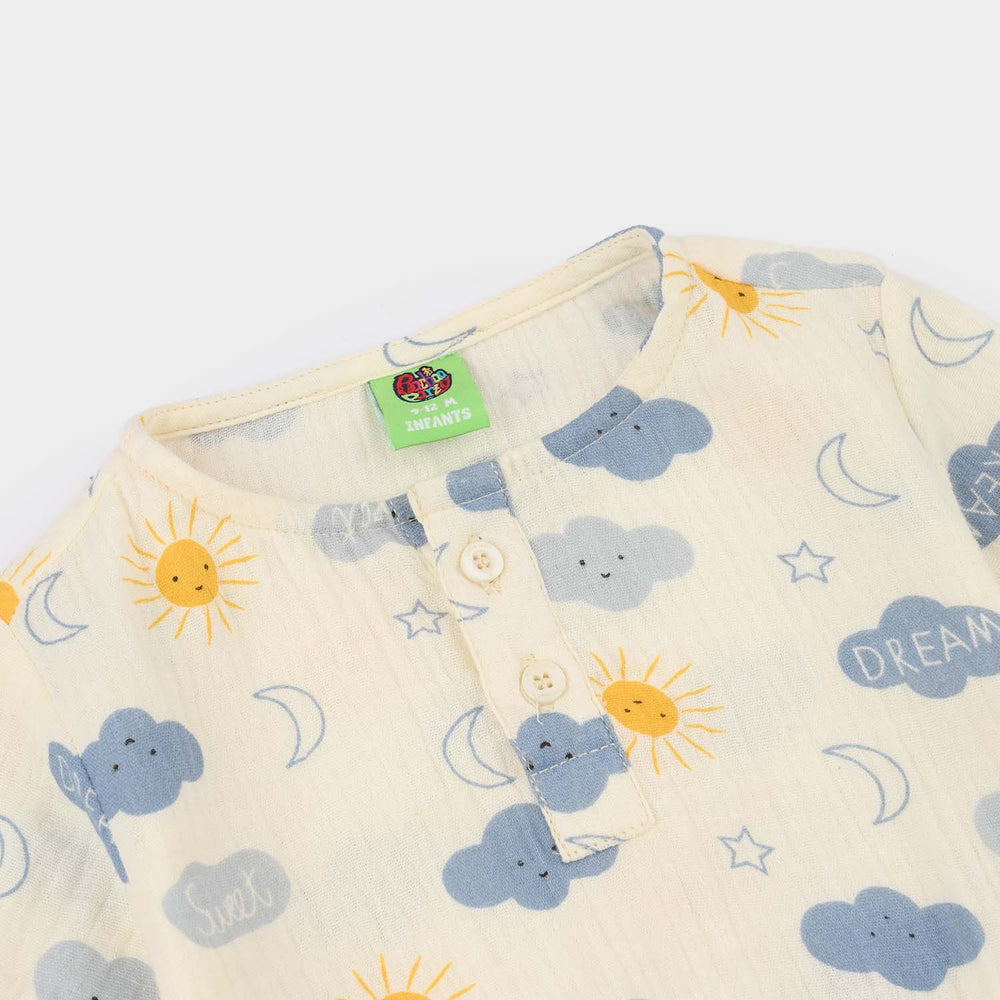 Infant Boys Gauze Woven Romper (Little Sunshine) - Off-White