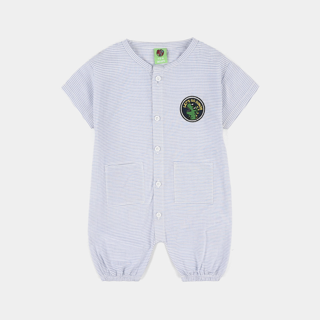 Infant Boys Yarn Dyed Woven Romper (Let’s Go Dino) - Blue/White