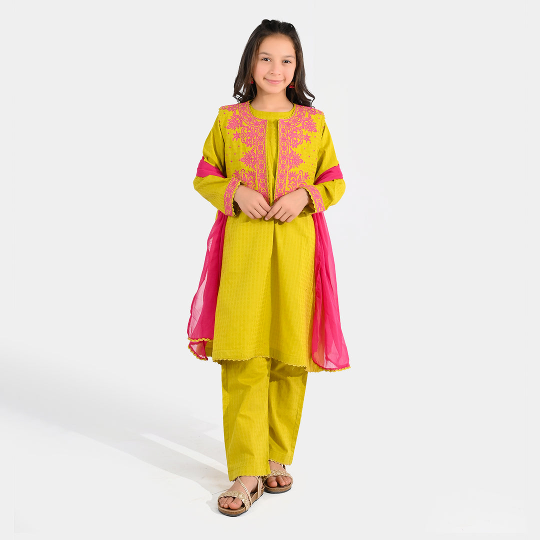 Teens Girls Jacquard 3-Piece Suit (Khushyia) - Olive
