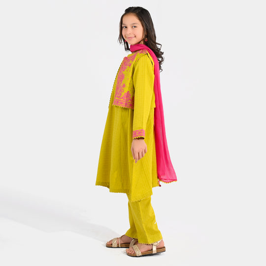 Teens Girls Jacquard 3-Piece Suit (Khushyia) - Olive