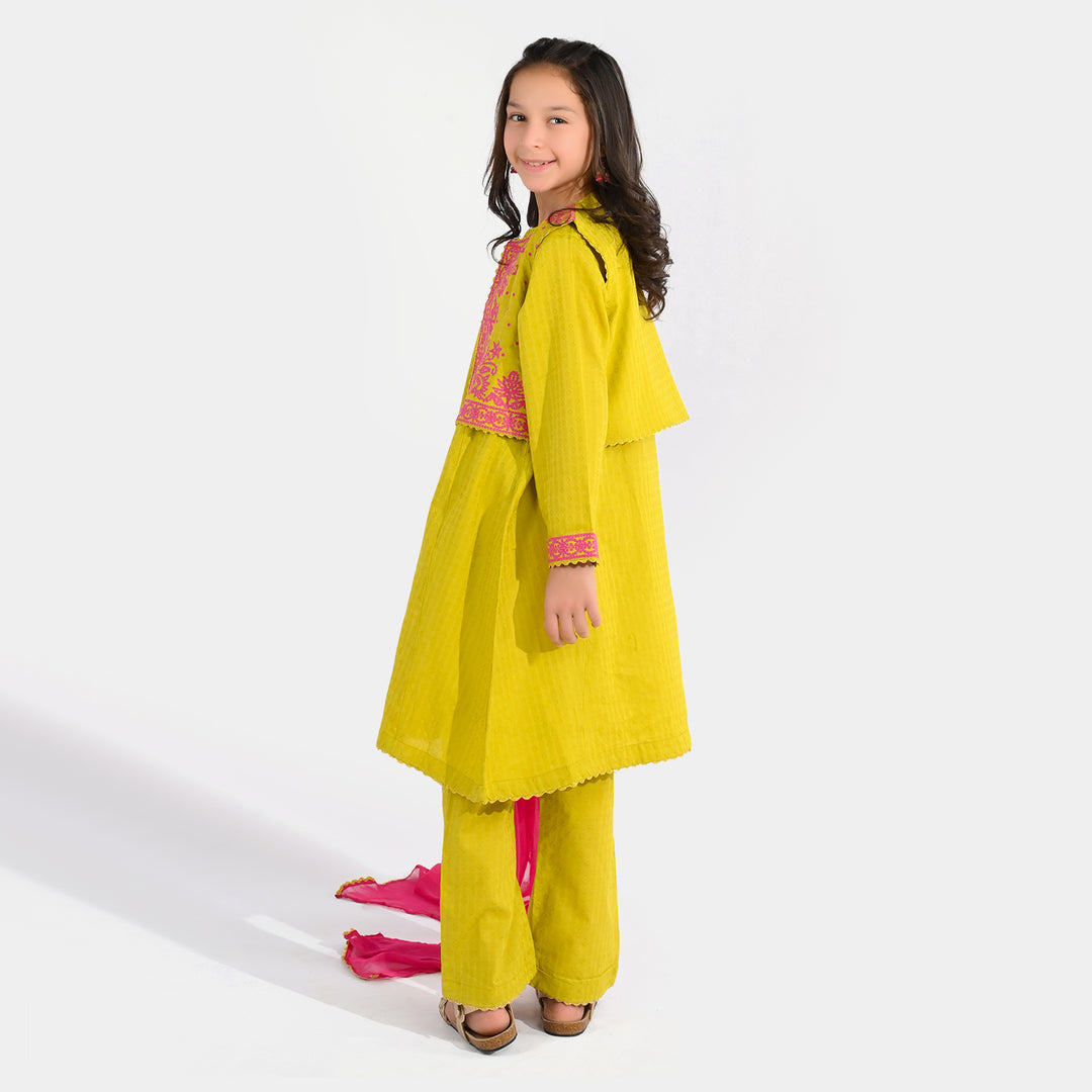 Teens Girls Jacquard 3-Piece Suit (Khushyia) - Olive