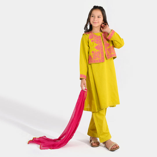 Teens Girls Jacquard 3-Piece Suit (Khushyia) - Olive