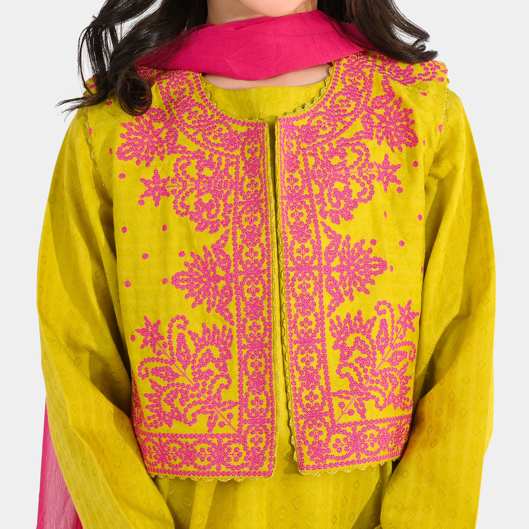 Teens Girls Jacquard 3-Piece Suit (Khushyia) - Olive