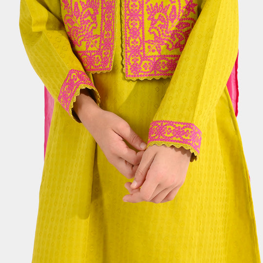 Teens Girls Jacquard 3-Piece Suit (Khushyia) - Olive