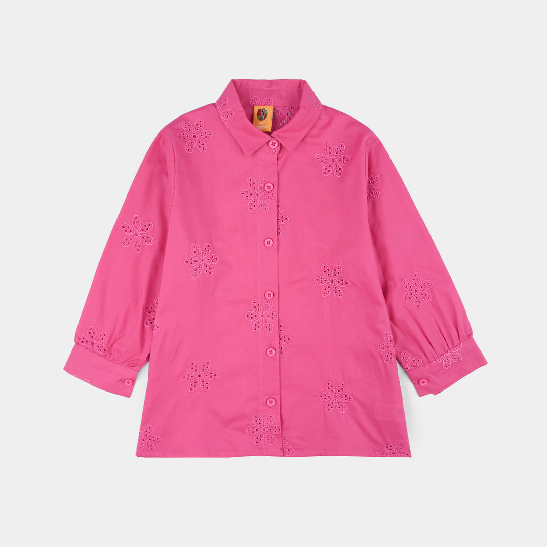 Girls Chikankari Embroidered Top (Rose) - Fuchsia